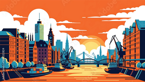 Vector illustration of Hamburg cityscape featuring a waterfront German city with generic port buildings, bridges, river elements, and modern skyline in flat vector style for travel and business themes