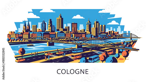 Vector illustration of Cologne cityscape showing a lively German riverfront skyline with generic mid-rise buildings, bridges, and modern urban atmosphere in flat solid colors for travel and culture