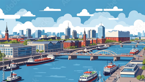 Vector illustration of Hamburg cityscape featuring a waterfront German city with generic port buildings, bridges, river elements, and modern skyline in flat vector style for travel and business themes