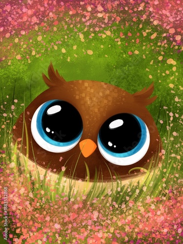 Cute Owl with Big Eyes in Spring Meadow Illustration