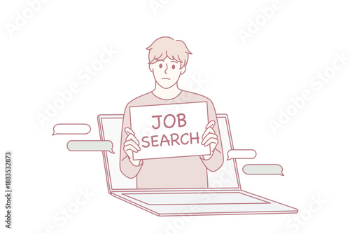 Online job search and recruitment concept. Jobless man candidate with sign looking from laptop screen trying to get position in work vector illustration