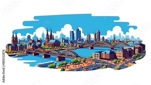 Vector illustration of Cologne cityscape showing a lively German riverfront skyline with generic mid-rise buildings, bridges, and modern urban atmosphere in flat solid colors for travel and culture