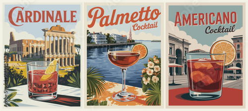 Retro-style triptych poster featuring Cardinale, Palmetto, and Americano cocktails with iconic European and waterfront scenes in a vibrant, vintage travel aesthetic.