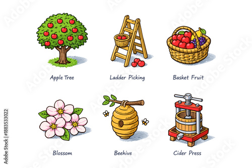 Harvest elements: apple trees, ladder picking, fruit baskets, blossoms, beehives, cider press