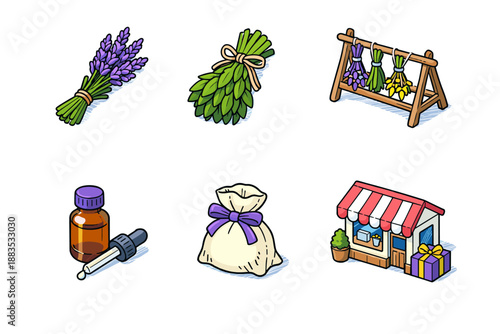 Herbal market elements: essential oils, soap bag, and herb bundles in cartoon style