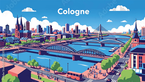 Vector illustration of Cologne cityscape showing a lively German riverfront skyline with generic mid-rise buildings, bridges, and modern urban atmosphere in flat solid colors for travel and culture