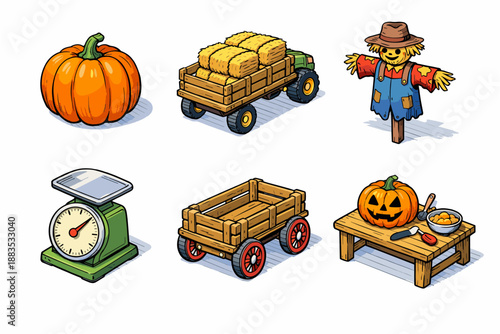 Autumn harvest set: pumpkins, hay bales, scarecrow, scale, wagon, carving table