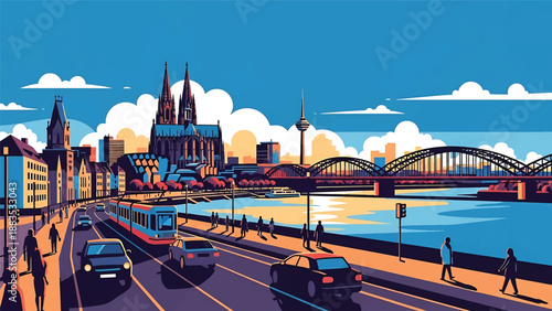 Vector illustration of Cologne cityscape showing a lively German riverfront skyline with generic mid-rise buildings, bridges, and modern urban atmosphere in flat solid colors for travel and culture