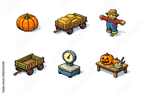Rustic autumn harvest icons featuring pumpkins, hay, scarecrow, and seasonal decor