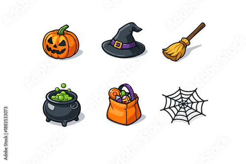 Halloween cartoon icons: pumpkin, witch hat, broom, cauldron, candy bag, and spider web