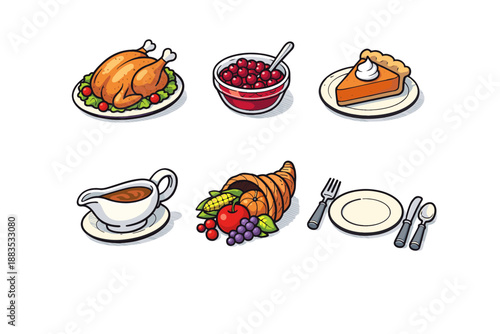 Festive holiday feast with turkey, pie, and cranberry