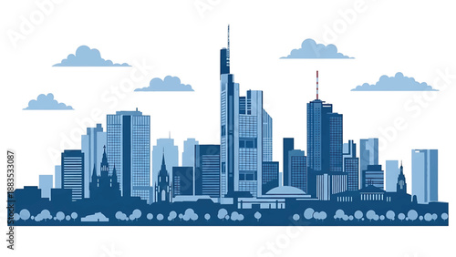 Vector illustration of Frankfurt cityscape presenting a financial German skyline with generic skyscrapers, business towers, and modern city energy in flat solid colors for corporate and travel design