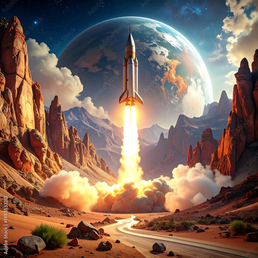 Obraz premium Rocket launches from desert canyon towards a large planet in the sky
