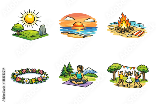 Summer relaxation and outdoor activities in nature with sunsets and campfires