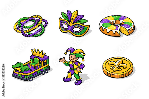 Festive mardi gras icons with jester, mask, and king cake in colorful cartoon style