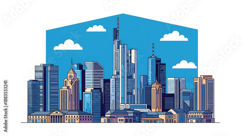 Vector illustration of Frankfurt cityscape presenting a financial German skyline with generic skyscrapers, business towers, and modern city energy in flat solid colors for corporate and travel design