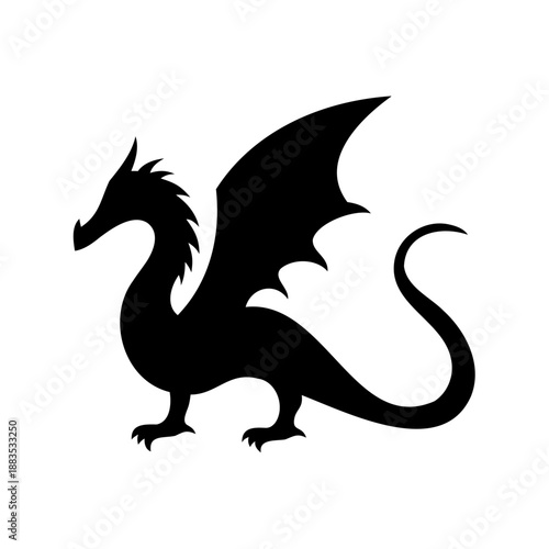 Silhouette of a formidable black dragon with outstretched wings on white