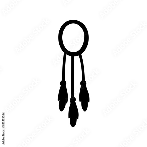 Simple black and white dream catcher illustration with feathers and circle