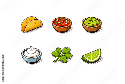 Mexican cuisine ingredients icons: taco shells, salsa, guacamole, sour cream, cilantro, lime