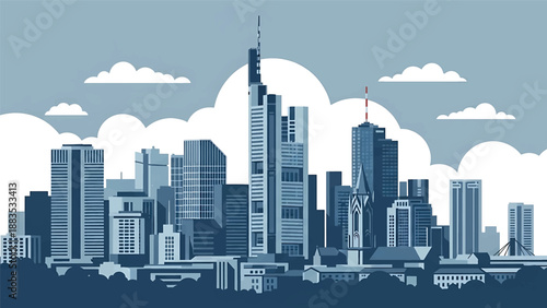 Vector illustration of Frankfurt cityscape presenting a financial German skyline with generic skyscrapers, business towers, and modern city energy in flat solid colors for corporate and travel design