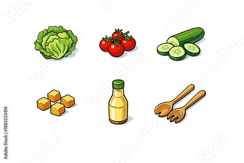 Fresh salad ingredients set with vegetables and seasoning in cartoon style