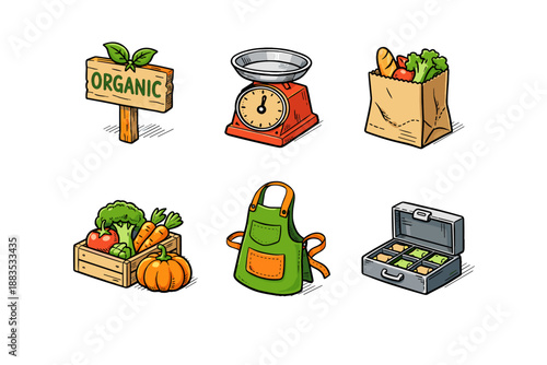 Colorful market elements: organic sign, food scale, grocery bag, veggie crate, apron, lunch box