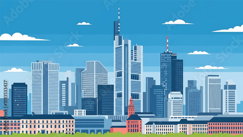 Vector illustration of Frankfurt cityscape presenting a financial German skyline with generic skyscrapers, business towers, and modern city energy in flat solid colors for corporate and travel design