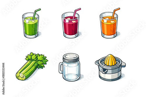 Colorful juices and tools in modern isometric style