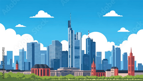 Vector illustration of Frankfurt cityscape presenting a financial German skyline with generic skyscrapers, business towers, and modern city energy in flat solid colors for corporate and travel design