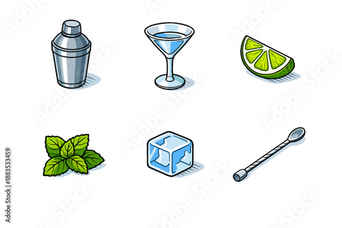 Isometric cocktail elements: shaker, glass, lime, mint, ice, spoon