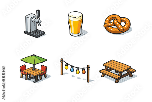 Isometric beer garden essentials: tap, drink, snack, seating, lighting elements