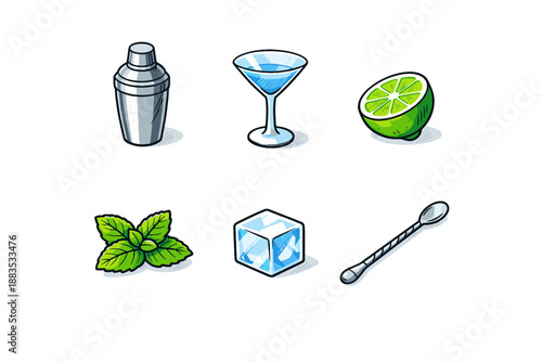 Colorful cocktail elements: shaker, martini, lime, mint, ice cube, spoon