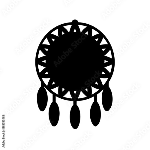 Silhouette of a dream catcher with feathers and geometric design elements