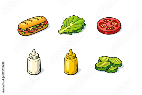 Isometric sandwich ingredients with lettuce, tomato, pickles, and sauces