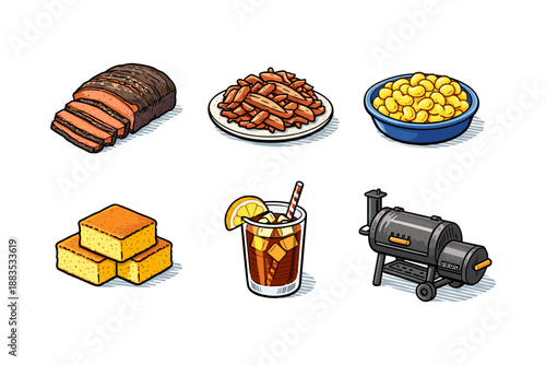 Barbecue feast: grilled meat, sides, and iced tea with smoker set