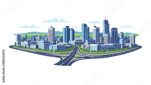 Vector illustration of Stuttgart cityscape showing a modern German urban skyline with generic buildings, hills in the distance, and clean road network in flat solid colors for travel and lifestyle use