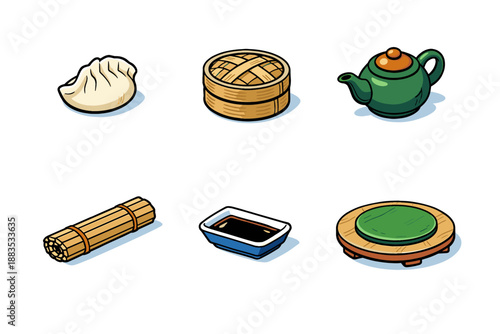 Asian cuisine elements with dumplings and traditional tableware in isometric style