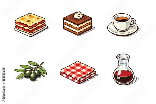 Italian cuisine icons: desserts, coffee, olive branch, checkered cloth, glass jug
