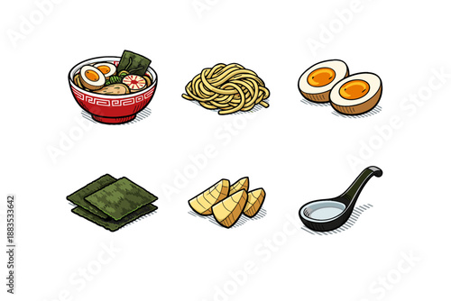 Japanese ramen ingredients set: noodles, eggs, seaweed, bamboo, spoon