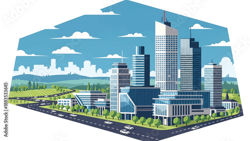 Vector illustration of Stuttgart cityscape showing a modern German urban skyline with generic buildings, hills in the distance, and clean road network in flat solid colors for travel and lifestyle use