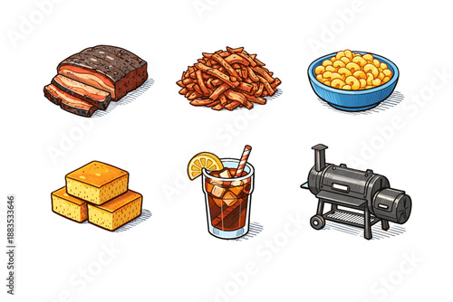 Delicious bbq icons with grilled meats, crunchy sides, and summer refreshments