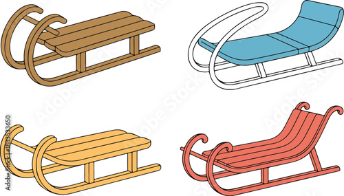 Plastic and Wooden Snow Sleighs Vector Set  Winter Fun Equipment
