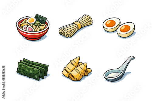 Classic japanese ramen ingredients set in hand-drawn style