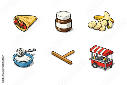 Delicious crepes ingredients and cart: food and cooking essentials illustrated