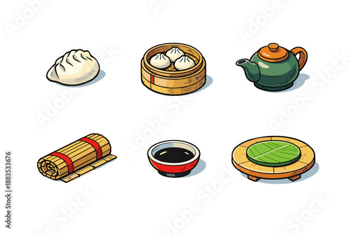 Chinese cuisine elements: dim sum, teapot, and sushi rolling mat in cartoon style