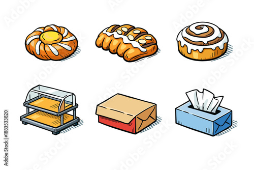 Delicious bakery items and packaging in colorful hand-drawn style