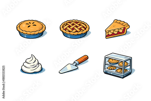 Delicious pie icons with baking elements and display case