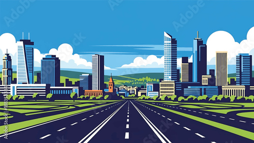Vector illustration of Stuttgart cityscape showing a modern German urban skyline with generic buildings, hills in the distance, and clean road network in flat solid colors for travel and lifestyle use