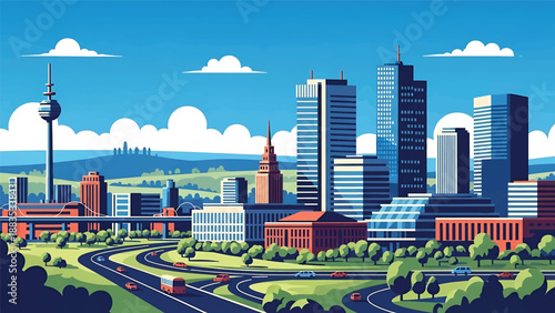 Vector illustration of Stuttgart cityscape showing a modern German urban skyline with generic buildings, hills in the distance, and clean road network in flat solid colors for travel and lifestyle use