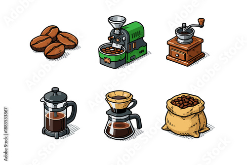 Colorful coffee icons: grinder, beans, carton sack, and brewing methods in detailed style